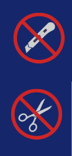 Pictogram met verbod op het gebruik van een mes en schaar, rood waarschuwingssymbool op blauwe achtergrond